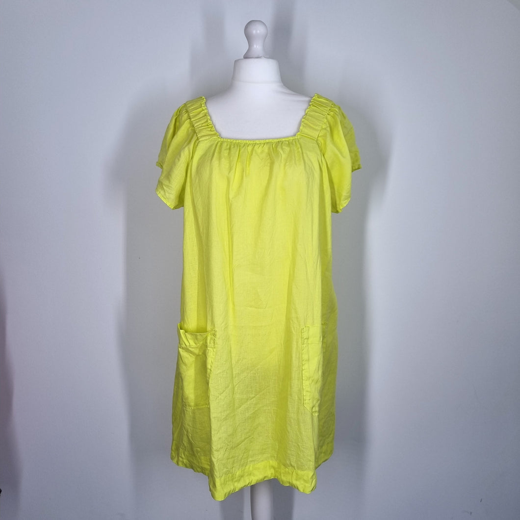 Next 100% Linen Dress UK 18 Neon Lime Yellow Smock Pockets Casual Short Sleeves