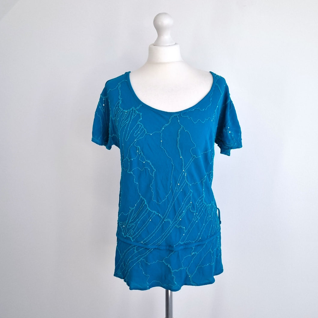 Vintage Ghost Blouse Blue Top Embroidered Sequins Scoop Neck Boho 90s Large