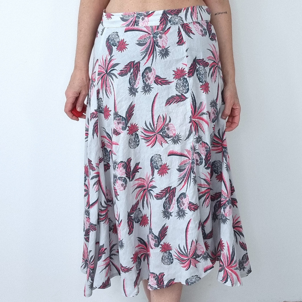 Brora Midi Skirt Pineapple 100% Linen A Line Flare Print Tropical Grey Summer 14