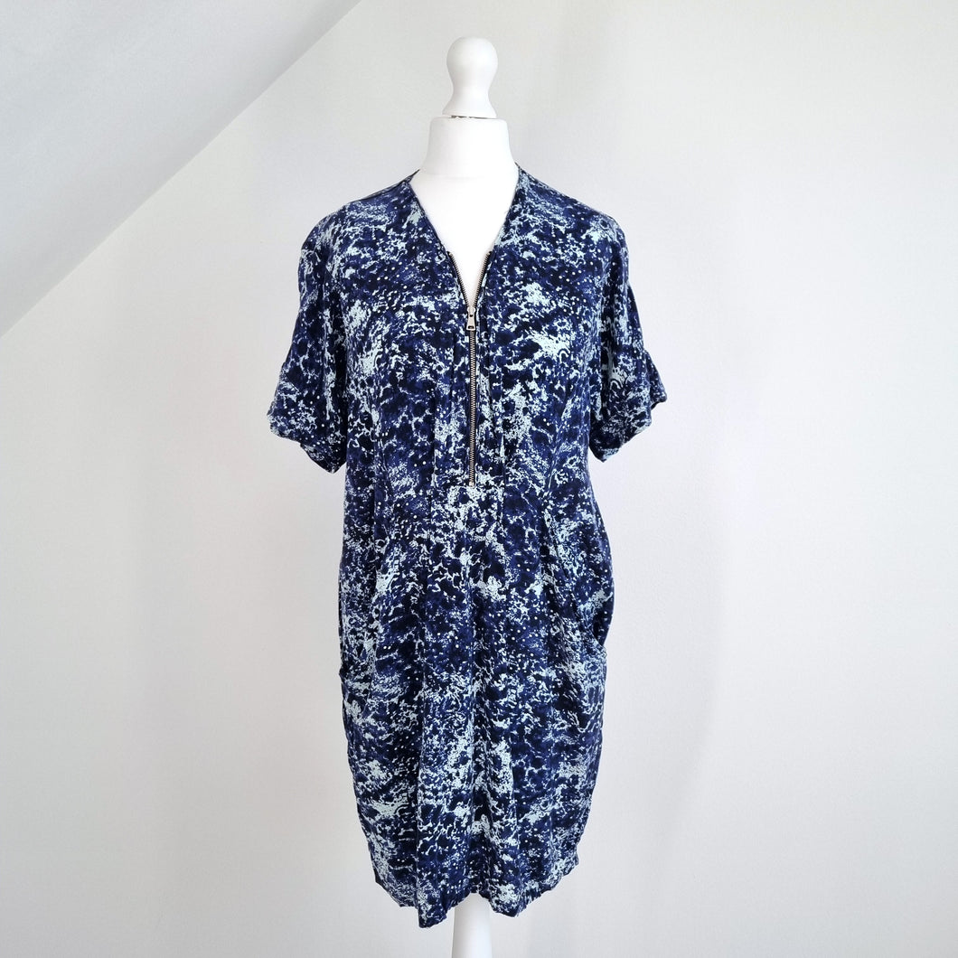 Whistles Dress Mini Tunic Pockets Blue Shift Short Sleeves Print Zip Work Size 8