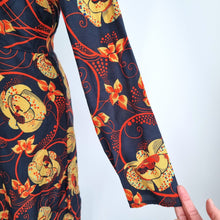 Load image into Gallery viewer, Zara Woman Mini Dress Small Retro Floral Print Navy Orange Long Sleeve High Neck
