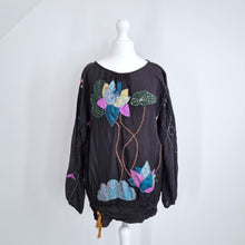 Load image into Gallery viewer, Desigual Blouse Tunic Embroidered Aplique Floral Black Boho Long Sleeves Small
