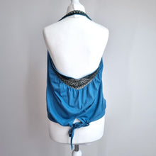 Load image into Gallery viewer, Vintage Topshop Y2K Top Halterneck Beaded Sequins Blue Jersey Backless Cowl 8
