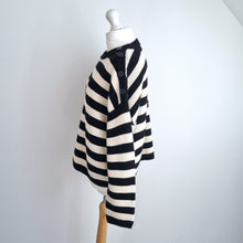Load image into Gallery viewer, New Look Striped Jumper  Size Large Black Cream Button Shoulder Boxy Breton
