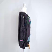 Load image into Gallery viewer, Desigual Blouse Tunic Embroidered Aplique Floral Black Boho Long Sleeves Small
