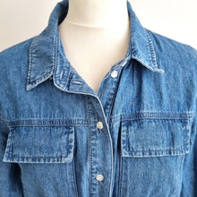 Load image into Gallery viewer, PIECES Denim Shirt Dress Belted Large Button Front Long Sleeve Blue Chambray
