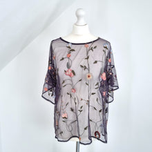 Load image into Gallery viewer, Lucky Brand Blouse Embroidered Sheer Mesh Black Floral Short Sleeves Top Large
