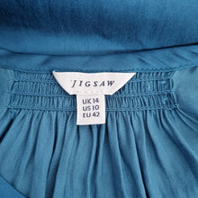 Load image into Gallery viewer, Jigsaw Blouse Satin Peasant Teal Blue Top Long Sleeves Boho Work Smock Size 14
