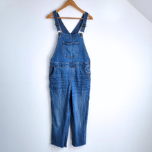 Load image into Gallery viewer, TU Denim Dungarees Cropped UK 14 Blue Casual Wide Leg Raw Hem Overalls Jeans
