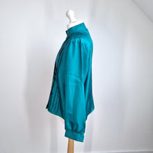 Load image into Gallery viewer, Vintage St Michael Shirt 80s Teal Pintuck Mandarin Collar Blouse 10 12 14 M&amp;S
