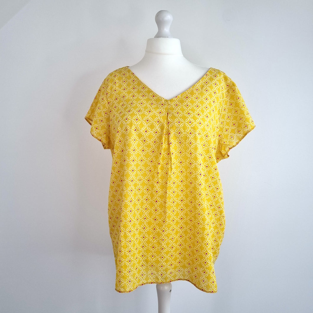 NEW White Stuff Top Yellow Blouse 100% Organic Cotton Pattern Short Sleeves 20