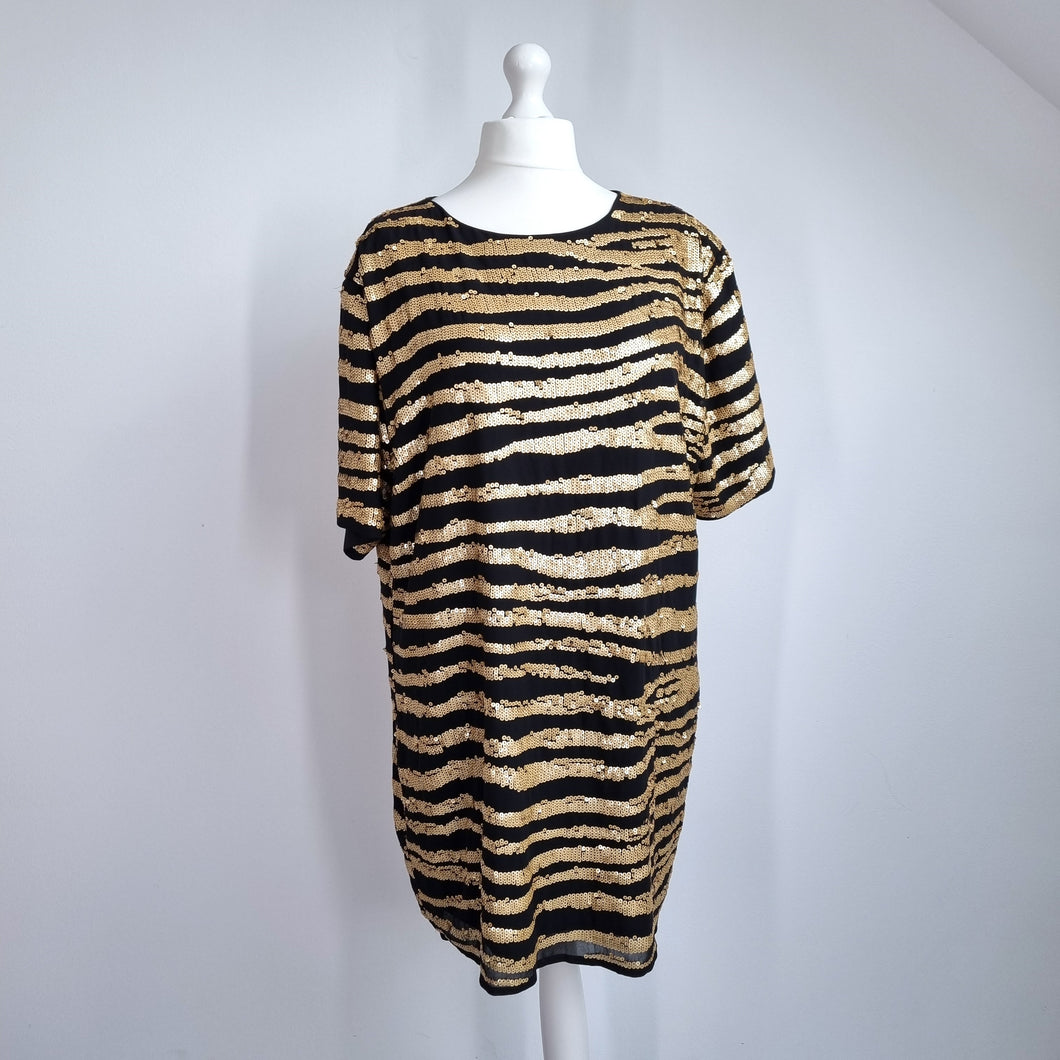 Nasty Gal Sequin Dress Size 20 Gold Black Striped Shift Party T-shirt Festive