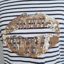 Load image into Gallery viewer, Mint Velvet Striped Top Sequin Lips Small T-Shirt White Gold 100% Cotton Breton
