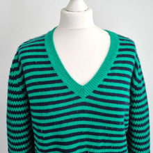 Load image into Gallery viewer, Benetton Jumper Dress Wool Blend XL Striped Green Black Winter Knitted V Neck
