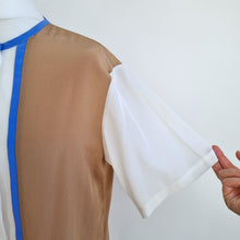 Load image into Gallery viewer, Vintage St Michael Blouse Top 80s Colourblock Tan Blue Mock Neck Button 12 14 16
