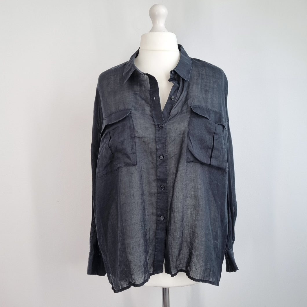 M&S Autograph Blouse Black UK 22 100% Ramie Shirt Top Hi Low Semi Sheer Casual