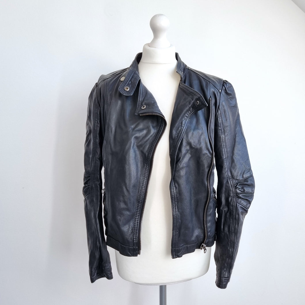 Zara Woman Real Leather Jacket Large Puff Sleeves Black Biker Lambskin Lined