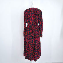 Load image into Gallery viewer, M&amp;S Midi Dress Floral Print Long Sleeves Navy Red Tiered Ruffles Belted Work 8
