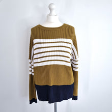 Load image into Gallery viewer, Next Jumper Lace Up Back Chunky Knit Green Navy Striped Cotton Blend Medium
