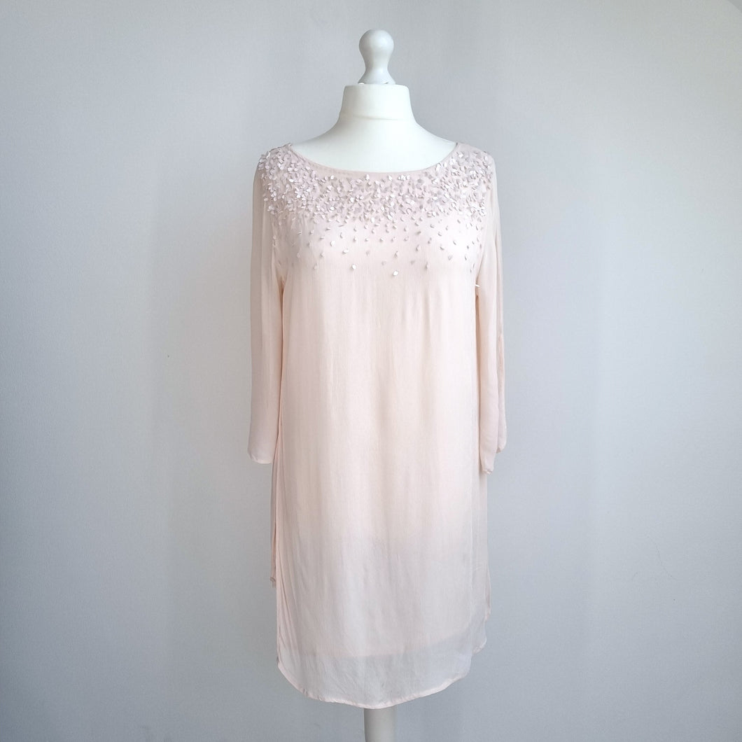 Mint Velvet Dress Chiffon Tunic Cream Embroidered Sequins Mini 3/4 Sleeves 16