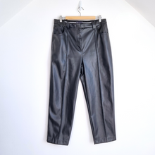 Load image into Gallery viewer, M&amp;S Faux Leather Trousers Tapered High Rise Black Mom Pleated Work 16 Long
