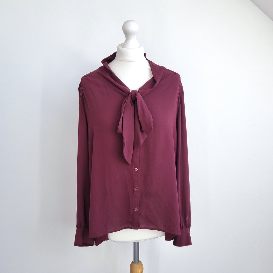 M&S Autograph Blouse Burgundy 12 Pussybow Tie Berry Shirt Work Long Sleeves Top