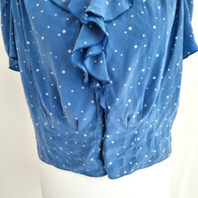 Load image into Gallery viewer, MiH 100% Silk Top Cropped Blouse Blue Star Print Button Down Frill Ruffle Medium
