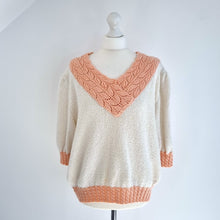 Load image into Gallery viewer, Vintage Handmade Jumper Chenille Cable Knit Pink Cream Half Sleeves V Neck L XL
