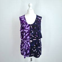 Load image into Gallery viewer, Kenneth Cole 100% Silk Top Small Tie-Dye Print Ruffles Sleeveless Zip Up Purple
