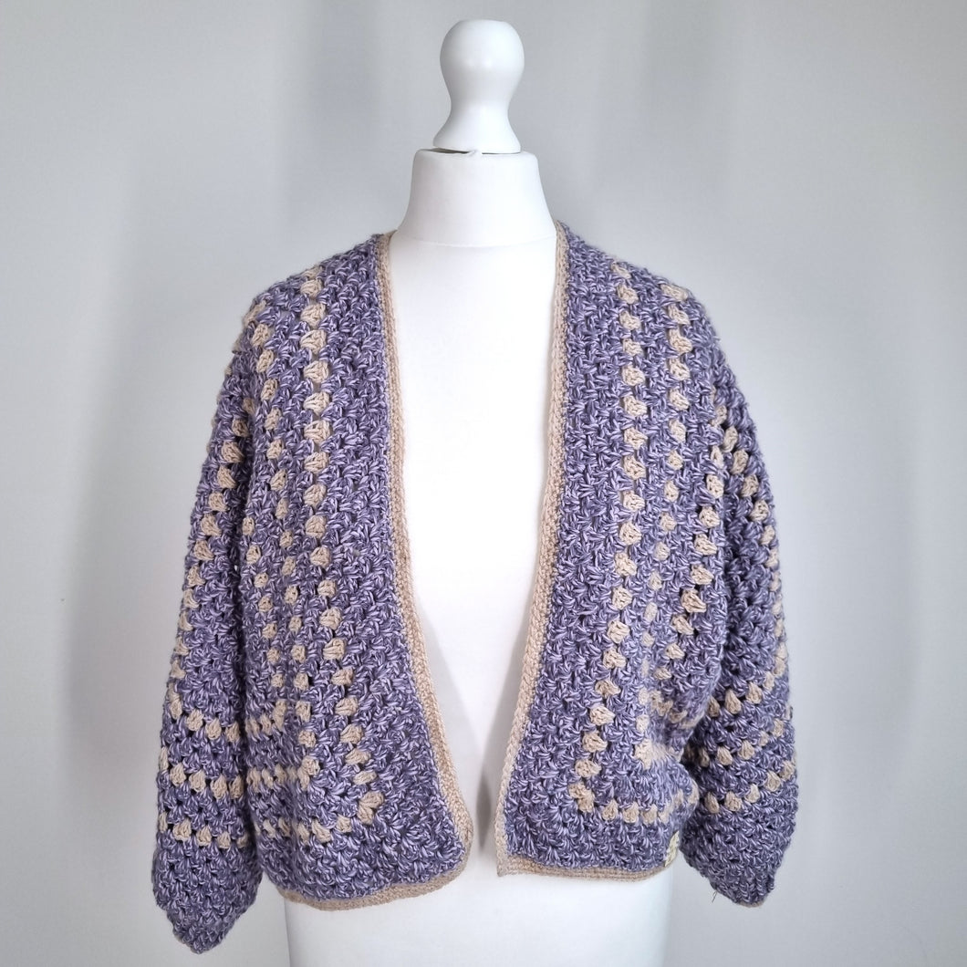 Handmade Crochet Cardigan Cropped Chunky Knit Boxy Lilac Hexagon Granny 6 8 10