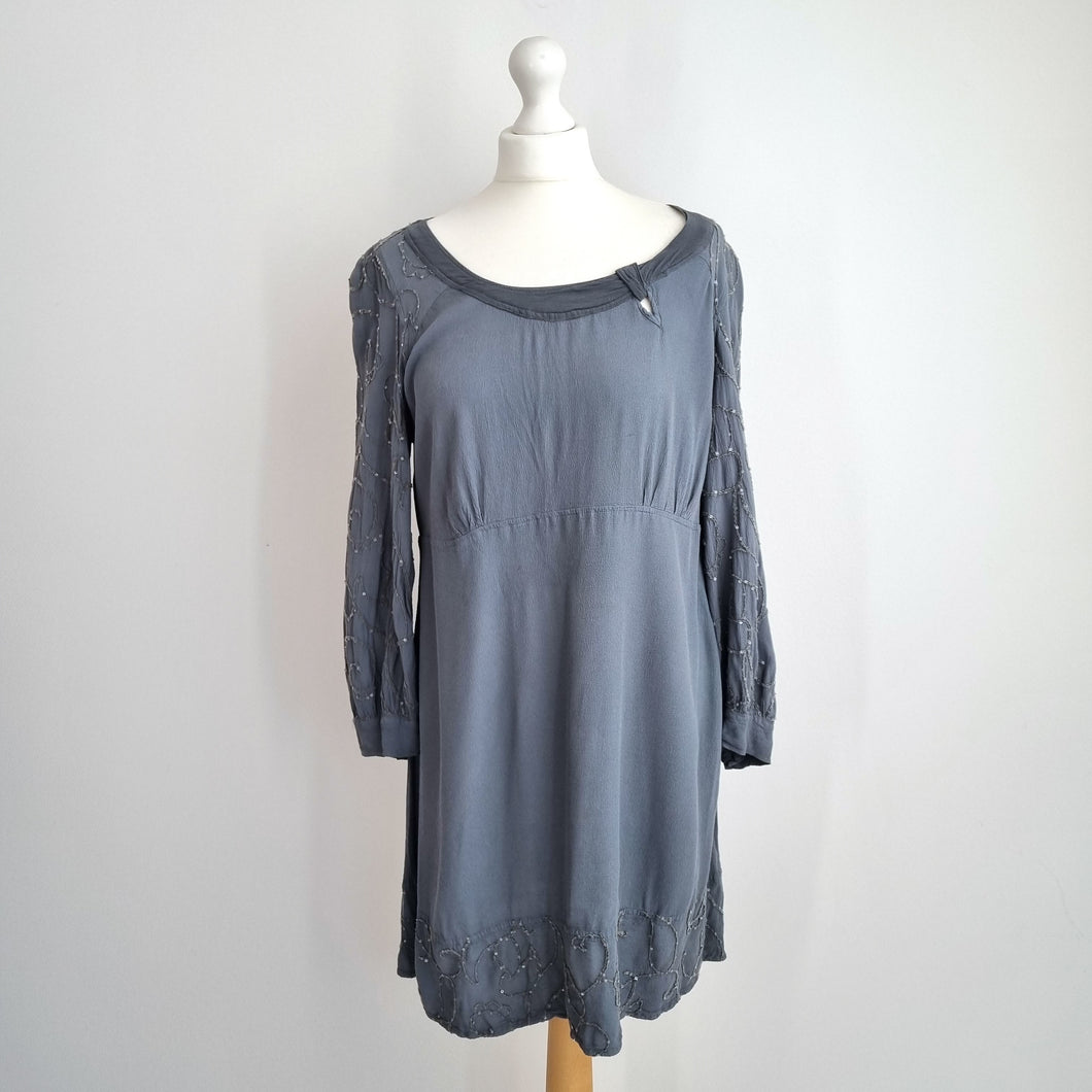Vintage Ghost Tunic Dress Mini Grey Sequin Long Sleeves Tie Top Boho 12 14 16