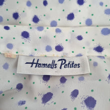 Load image into Gallery viewer, Vintage Hamells 80s Blouse White Purple Polka Dot Pussy Bow Tie Peplum 12 Petit
