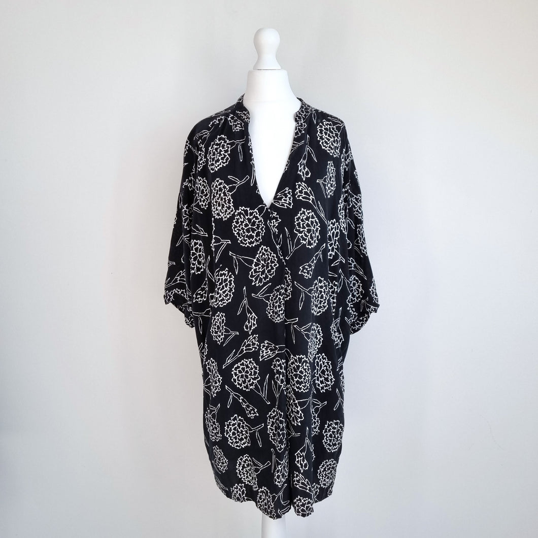 Whistles Dress Pockets Black White Floral Print Tunic Shift Oversized Small