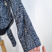 Load image into Gallery viewer, Capsule Tweed Biker Jacket UK 10 12 Faux Leather Boucle Wool Blue NEW T4 Work
