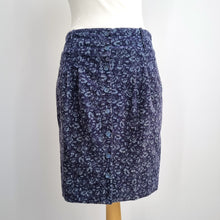 Load image into Gallery viewer, Kew Corduroy Tulip Skirt UK 10 Ditsy Floral Button Cotton Stretch Blue Pockets

