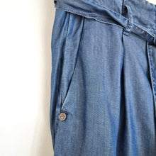 Load image into Gallery viewer, Sandwich Paper Bag Jeans Chambray Denim Blue Belted High Rise Wide Leg UK 8 EU36
