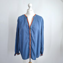 Load image into Gallery viewer, Boden Blouse Embroidered Rainbow Trim UK 16 Blue Top Buttons Cotton Long Sleeve
