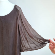 Load image into Gallery viewer, Made in Italy 100% Silk Blouse Brown Top Floaty Lined Dolman Sleeves One Size
