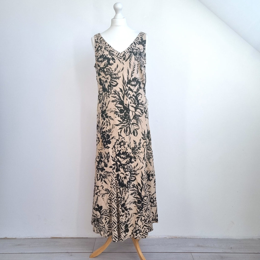 M&S Per Una Dress UK 14 Long Midi Maxi Fit & Flare Beige Floral 100% Cotton