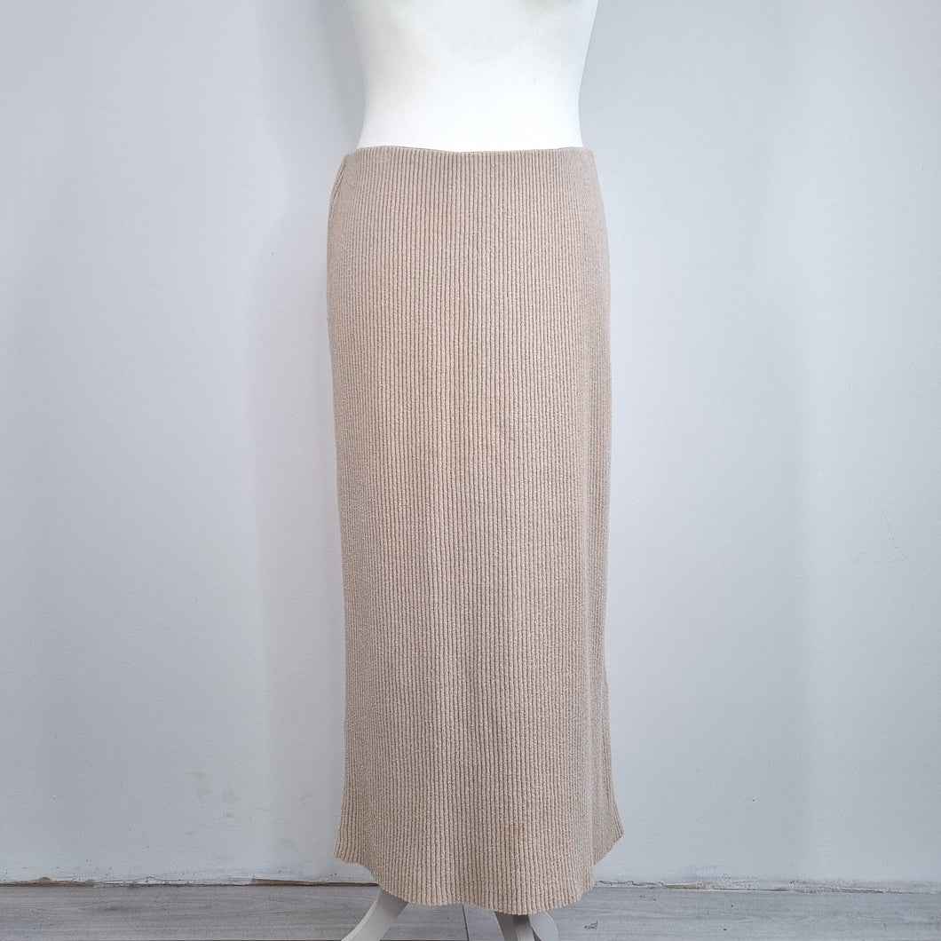 COS Knitted Maxi Skirt Beige Cream Ribbed Straight Slit Elastic Waist Large