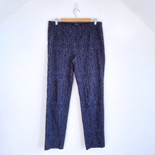 Load image into Gallery viewer, Robell Marie Trousers UK 18 Navy Blue Paisley Jacquard Stretch Slim Leg Office
