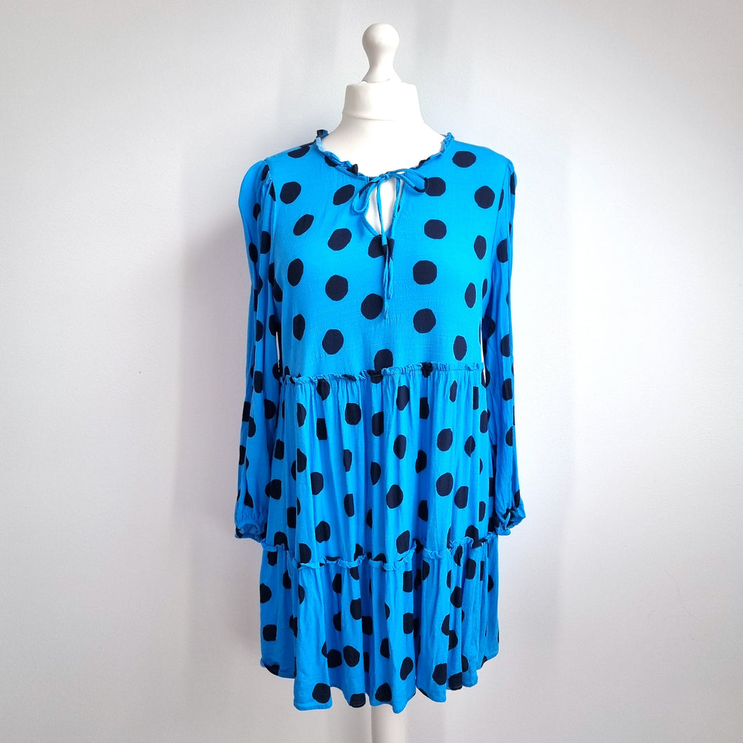 M&S Dress Mini Polka Dot Babydoll Blue Tunic Smock Long Sleeves Casual 20 Petite