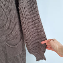 Load image into Gallery viewer, Italian Long Chunky Knit Cardigan Duster Brown Open Front Pockets Boho Cosy
