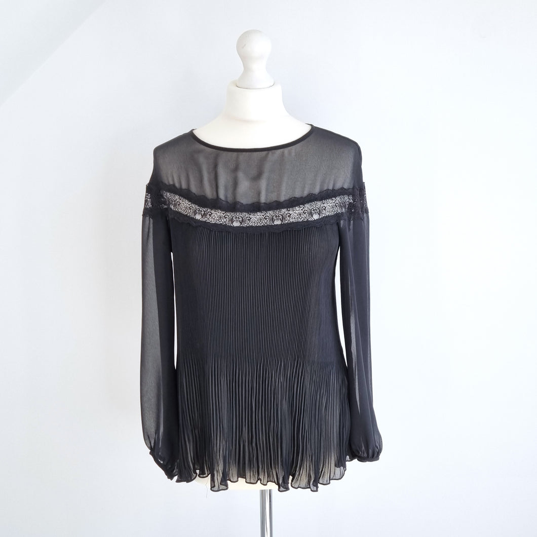 Zara Woman Blouse Pleated Black Top Sheer Lace Gothic Victorian Party Medium