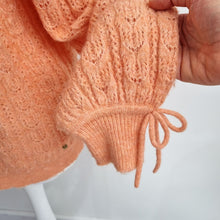 Load image into Gallery viewer, Monsoon Pointelle Knit Cardigan Small Peach Soft Fluffy Bow Cuff Pastel Scallop
