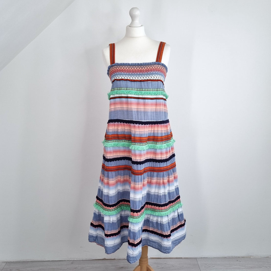 Only Midi Sun Dress Tiered Shirred Embroidered Multicoloured A Line Holiday 10