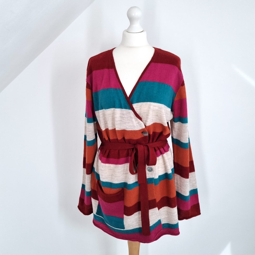 Gudrun Sjoden Cardigan 100% Wool Belted Striped Pocket Multicoloured Medium