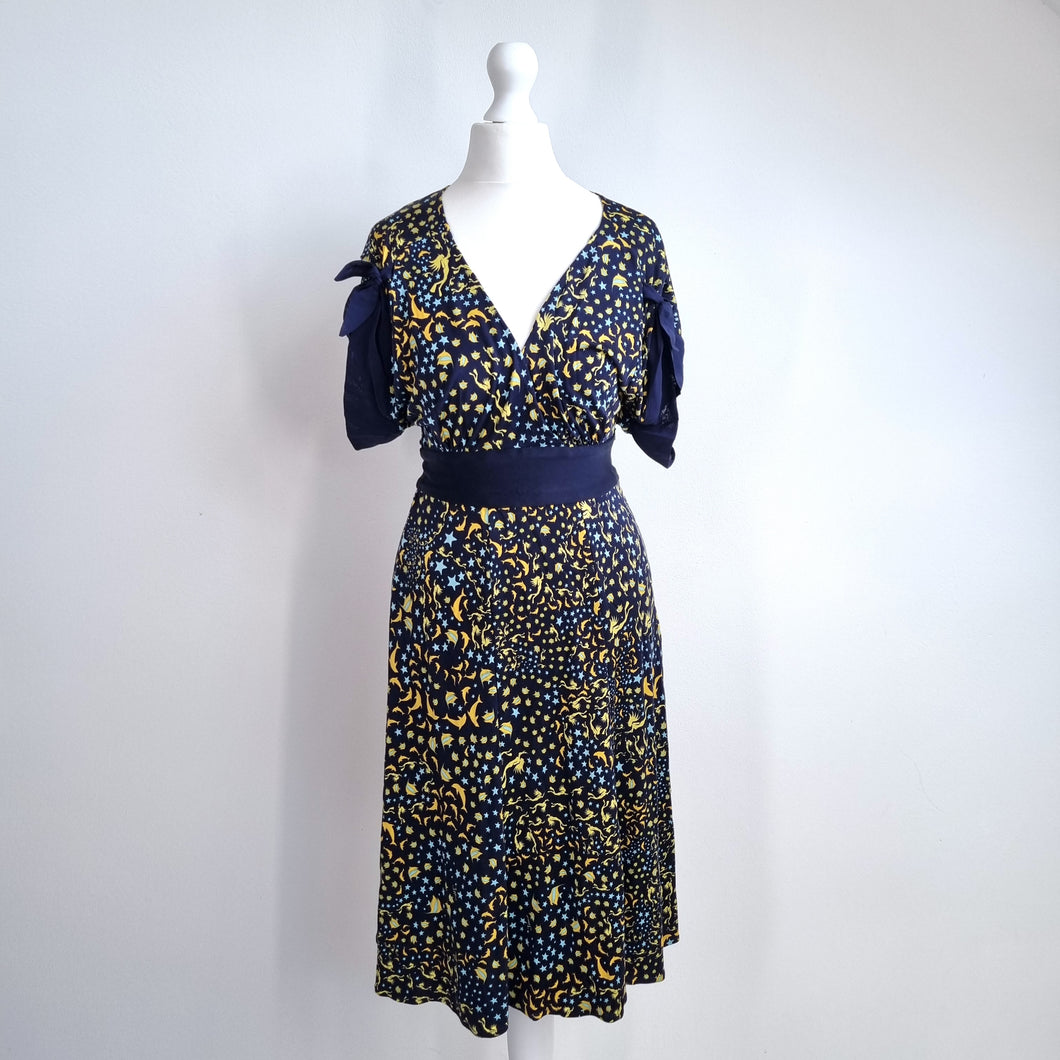 Issa London Dress 100% Silk Jersey UK 8 Dolphin Fish Print Blue A Line Cocktail