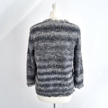 Load image into Gallery viewer, 360 Sweater Cardigan Boucle Knit Fringed Grey Black Distressed Frayed Medium
