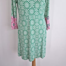 Load image into Gallery viewer, Boden Jersey Dress Skater Short Green Pink Medallion Print Stretch 12 Petite
